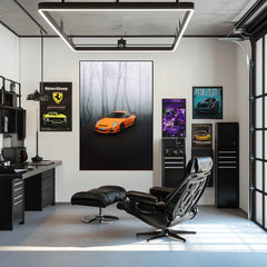 Orange Porsche in the Mist wall art displayed in a modern office, showcasing a striking orange car in a foggy forest backdrop.