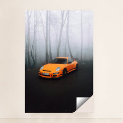 This photo shows an orange Porsche sports car parked on a misty forest road, unframed.