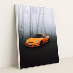 This photo shows an orange Porsche sports car parked on a misty forest road, in a white frame.