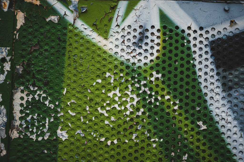 Jan Kopřiva - Green and white graffiti art creates a textured abstract pattern on a weathered metal wall.