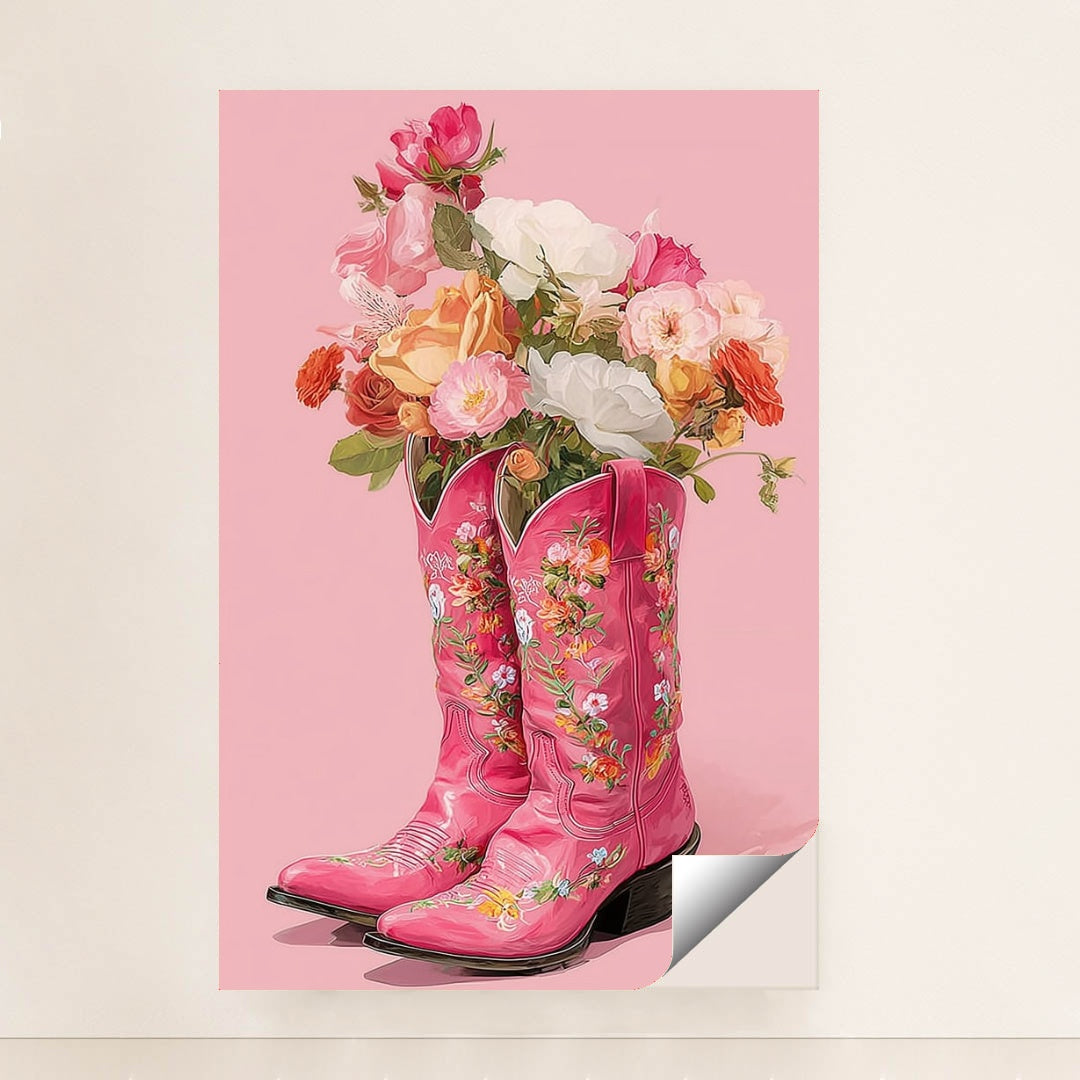 This artwork shows two pink floral cowboy boots filled with colorful roses and flowers against a solid pink background, unframed.