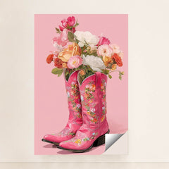 This artwork shows two pink floral cowboy boots filled with colorful roses and flowers against a solid pink background, unframed.