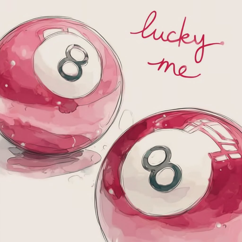 This artwork shows two pink magic eight balls with the words "lucky me" written in bright script above, unframed.