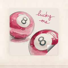 This artwork shows two pink magic eight balls with the words "lucky me" written in bright script above, minimalist unframed style.