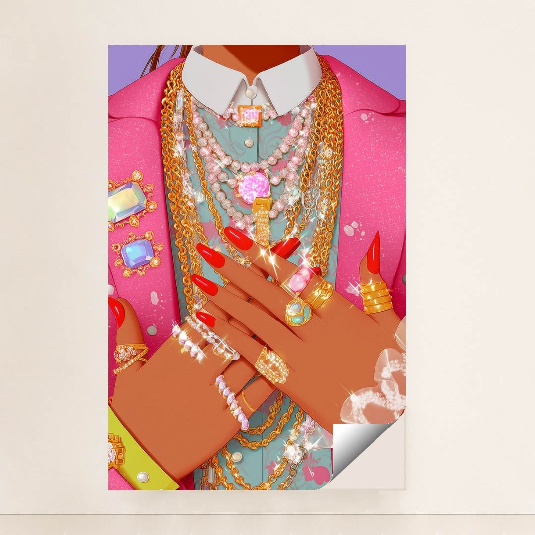 This artwork shows hands with red nails adorned with multiple sparkling gold and silver rings and necklaces over a pink jacket, minimalist unframed style.