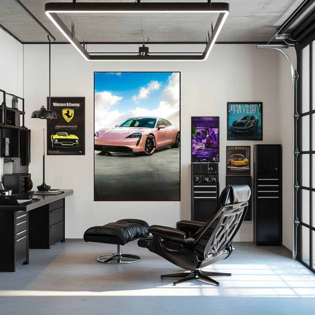 Pink Porsche Taycan Beneath Fluffy Skies car wall art displayed in modern office with sleek furniture.
