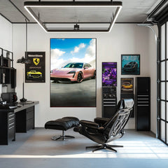 Pink Porsche Taycan Beneath Fluffy Skies car wall art displayed in modern office with sleek furniture.
