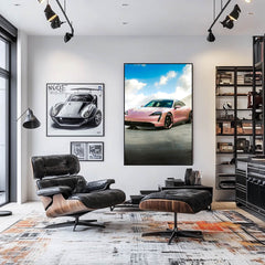 Pink Porsche Taycan Beneath Fluffy Skies art print displayed in a modern living room with stylish decor.