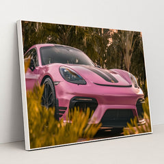 This photo shows a pink Porsche sports car with black stripes parked near tropical palm trees, in a white frame.