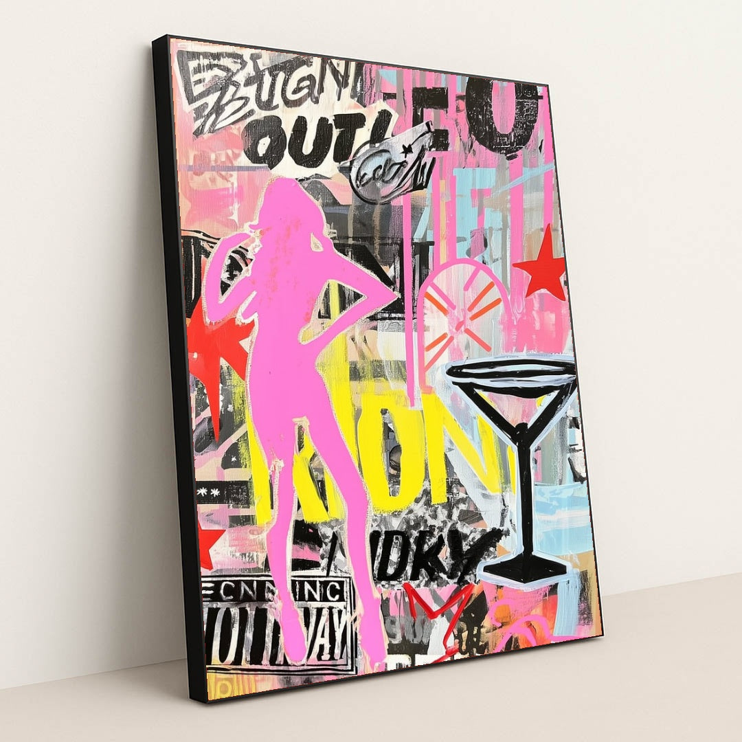 This artwork shows a vibrant street-art style collage with a pink silhouette, martini glass, stars, and layered graffiti text, in a black frame.