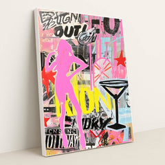 This artwork shows a vibrant street-art style collage with a pink silhouette, martini glass, stars, and layered graffiti text, in a white frame.