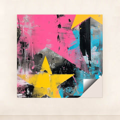 This artwork shows an abstract artwork with large yellow stars, pink and blue brushstrokes, and black and white textures, minimalist unframed style.