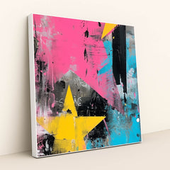 This artwork shows an abstract artwork with large yellow stars, pink and blue brushstrokes, and black and white textures, in a white frame.