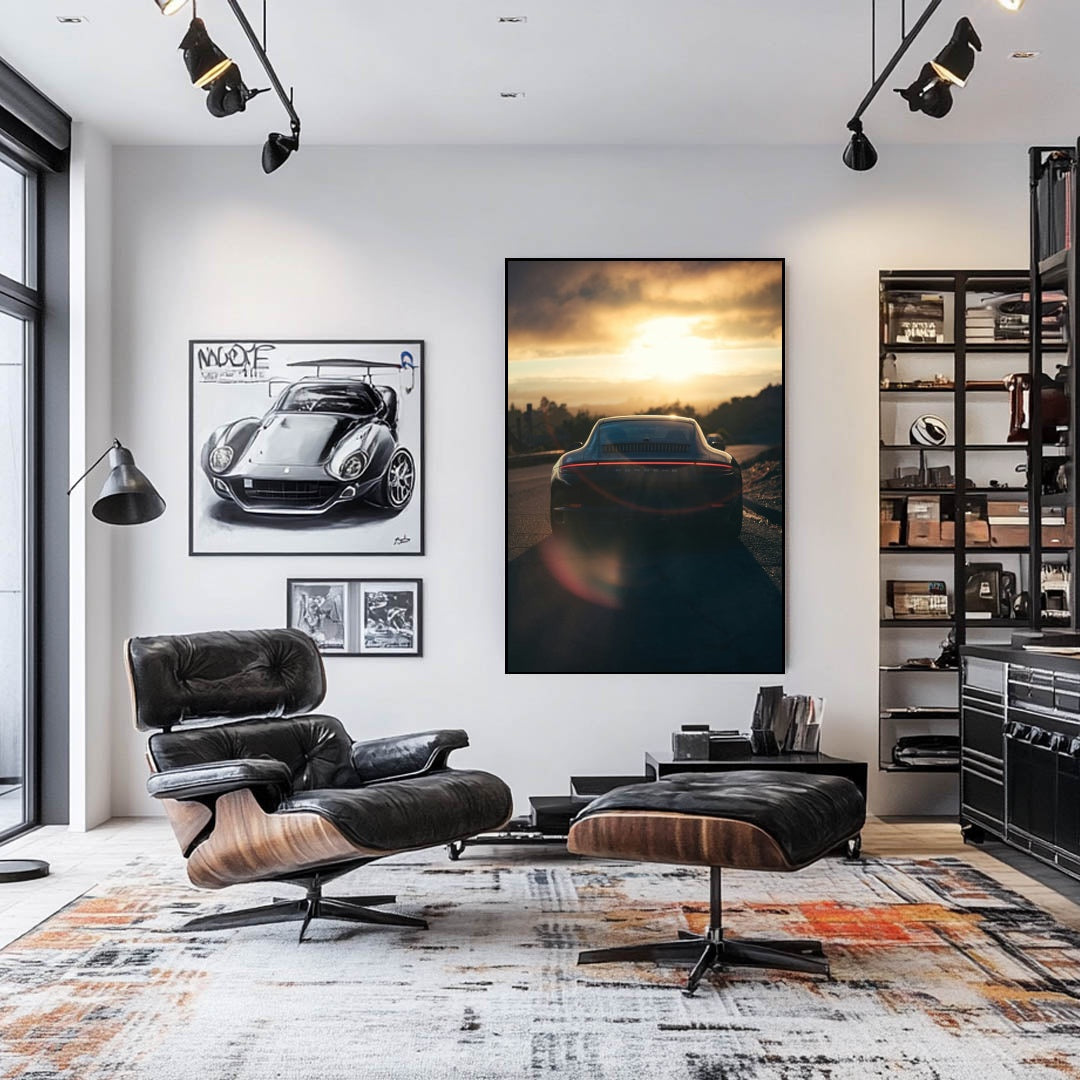 Black Porsche in Sunset Light showcased as car wall art in a stylish modern living space.