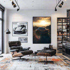 Black Porsche in Sunset Light showcased as car wall art in a stylish modern living space.