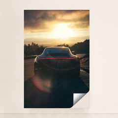 This photo shows the rear view of a Porsche sports car parked on a scenic hill at sunset with lens flare, minimalist unframed style.