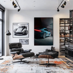 Porsche 911 No. 63 Garage Scene as wall art in a modern living room with stylish furniture.