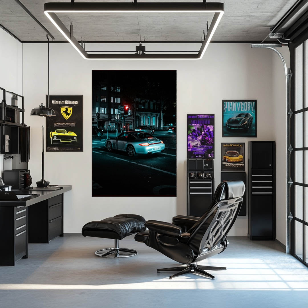 Porsche 911 in the Urban Night, stunning car wall art featuring a sleek Porsche illuminated by neon lights.