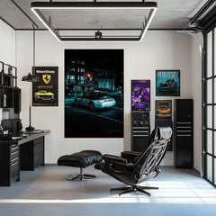 Porsche 911 in the Urban Night, stunning car wall art featuring a sleek Porsche illuminated by neon lights.