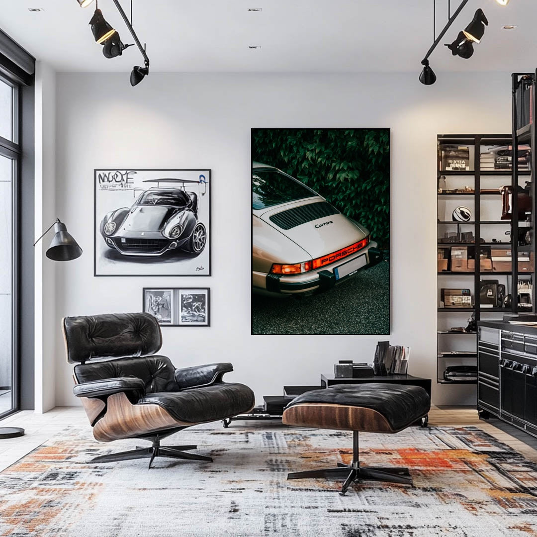 Ivy Meets Carrera car wall art featuring a silver Porsche 911 Carrera against a lush ivy backdrop in a stylish interior.