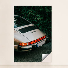 This photo shows the rear end of a classic silver Porsche Carrera parked in front of green leafy foliage, minimalist unframed style.