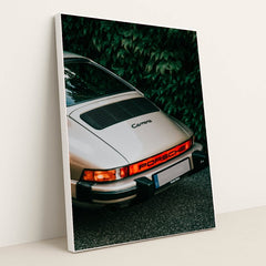 This photo shows the rear end of a classic silver Porsche Carrera parked in front of green leafy foliage, in a white frame.