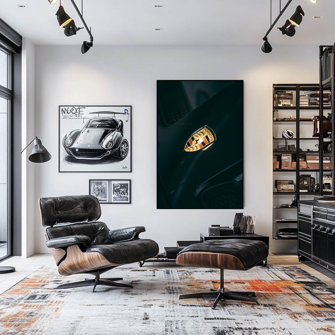Porsche Emblem in Focus displayed as car wall art in a modern living room with sleek furniture.