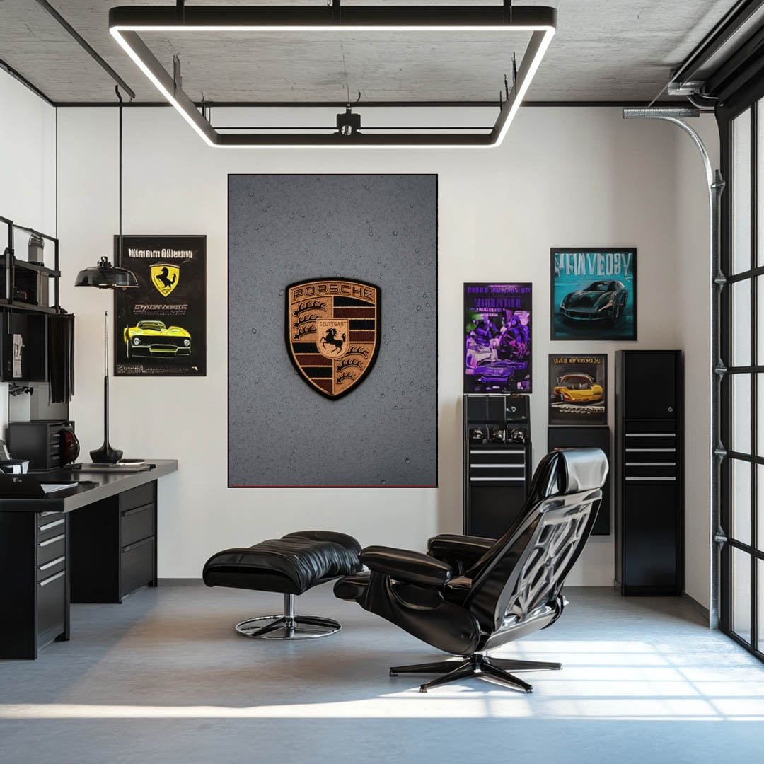 Porsche Crest in the Rain showcased in a modern office with car wall art, highlighting design and craftsmanship.