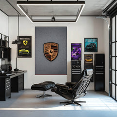 Porsche Crest in the Rain showcased in a modern office with car wall art, highlighting design and craftsmanship.