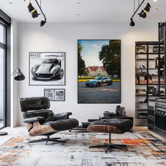Porsche 911 at the Estate displayed as car wall art in a modern living room with stylish furniture and décor.