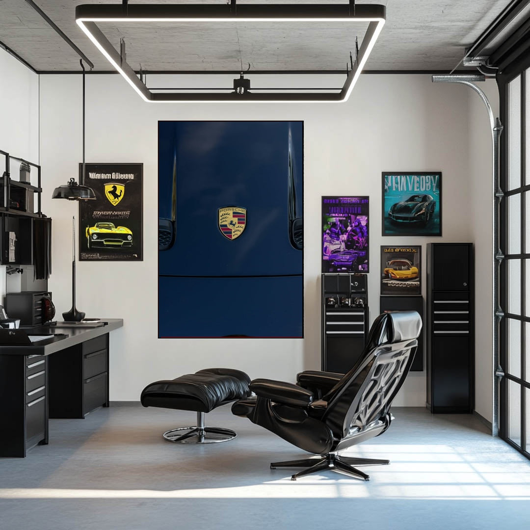 Porsche Crest on Midnight Blue displayed in a stylish office setting, emphasizing car wall art and design elegance.