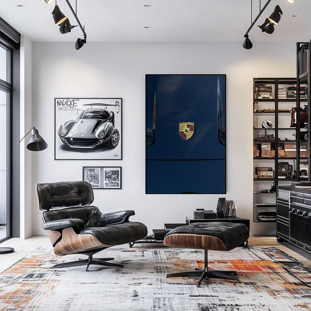 Porsche Crest on Midnight Blue showcased in a stylish interior, perfect for car wall art enthusiasts.