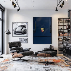 Porsche Crest on Midnight Blue showcased in a stylish interior, perfect for car wall art enthusiasts.