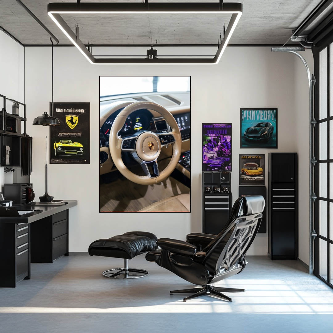Porsche Tan Luxury Interior showcasing tan leather steering wheel, digital display, and modern décor, ideal car wall art.