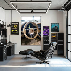 Porsche Tan Luxury Interior showcasing tan leather steering wheel, digital display, and modern décor, ideal car wall art.