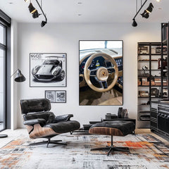 Porsche Tan Luxury Interior featuring a tan leather steering wheel and digital display in modern car wall art.