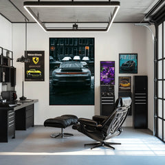 Porsche 911 Turbo S in Winter Streets wall art featured in a modern office setting with stylish decor.