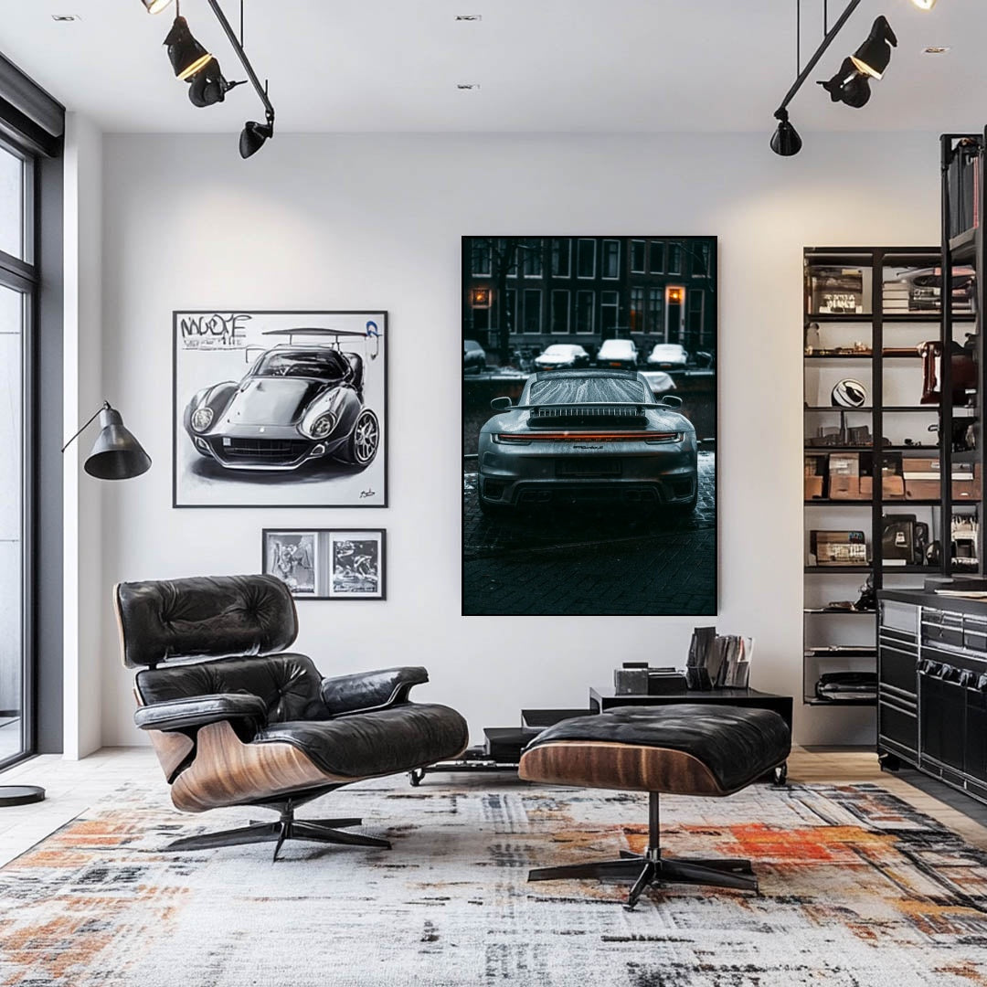 Porsche 911 Turbo S in Winter Streets wall art displayed in a modern living room with stylish furniture and lighting.