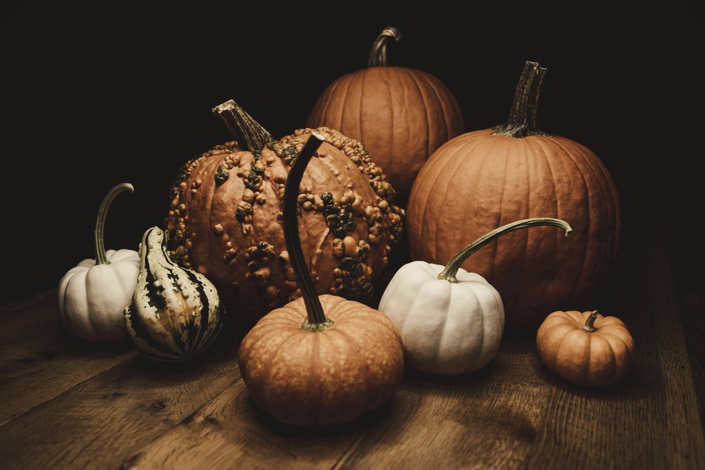 Tim Mossholder - A variety of pumpkins and gourds on a wooden surface perfect for autumn décor.