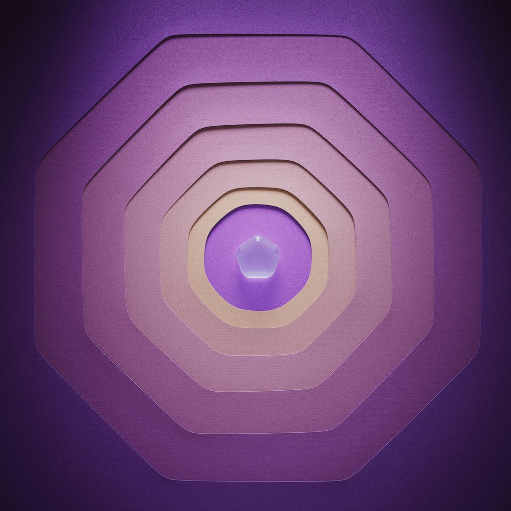 Rostislav Uzunov - A vibrant geometric pattern in purple featuring layered shapes and a central gem.