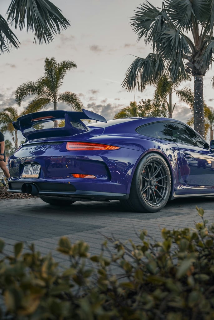 Porsche 911 GT3 Under Tropic Haze parked under palm trees, showcasing its deep ultraviolet color and aggressive styling.