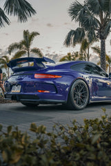 Porsche 911 GT3 Under Tropic Haze parked under palm trees, showcasing its deep ultraviolet color and aggressive styling.
