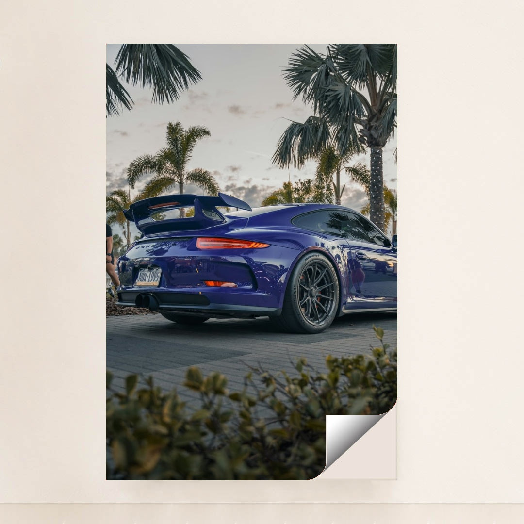 This photo shows a blue Porsche sports car with a large rear wing parked among palm trees at dusk, unframed.