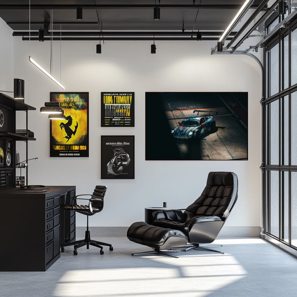 Porsche 911 GT3 Gran Turismo Racer car wall art displayed in a stylish office with modern decor and minimal lighting.