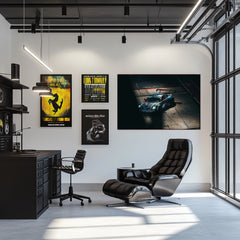 Porsche 911 GT3 Gran Turismo Racer car wall art displayed in a stylish office with modern decor and minimal lighting.