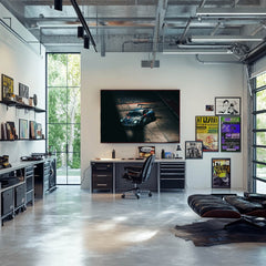 Porsche 911 GT3 Gran Turismo Racer displayed as car wall art in a modern office with natural light.