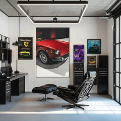 Ferrari 1960s Classic car wall art featuring a close-up of a vintage red Ferrari in a modern workspace.