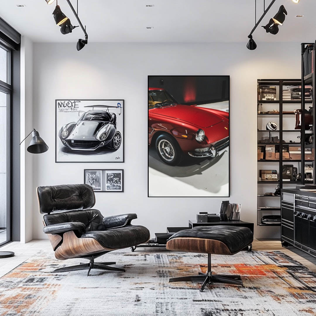 Ferrari 1960s Classic car wall art displayed in a modern living room setting, highlighting its elegant design and vintage appeal.