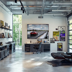 Ferrari 812 Superfast Drag Strip car wall art displayed in a modern office with sleek furniture and large windows.