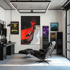 LaFerrari Detail Shot showcased as car wall art in a stylish office setting with modern decor and lighting.